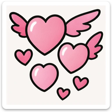 Replace the bubble shapes in the image with heart shapes arranged in the same flying pattern. Use lighter pink shades for some hearts while keeping the main color #fcb6d8. Maintain three mini hearts and preserve the soft, airy look of the original image. sticker