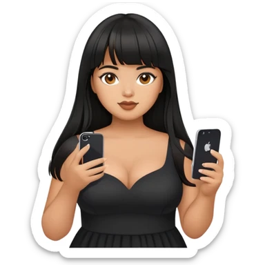 Latina girl with bangs black long hair plus size black dress with iPhone sticker