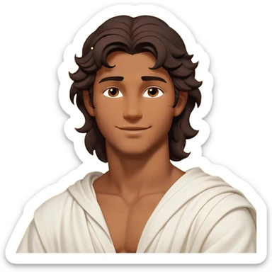 Cinematic Realistic Hercules Portrait, head tilted playfully and inquisitively, showcasing a charming blend of Disney heroic charisma and the refined grace of Michelangelo's David. His sun-kissed bronze skin and thick, wavy dark hair are rendered with classical precision, complementing a warm, inviting smile and sparkling, mischievous eyes. Clad in a softly draped white robe with subtle golden details, he exudes approachable strength under gentle, natural lighting. sticker