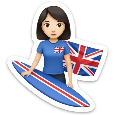 Woman teacher with dark hair in T-shirt with the UK flag surfing  sticker