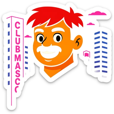 Change any visible text from 'Hotel' to 'Club Mascot', keep the vibrant toon style, neon city background, and all other details the same sticker