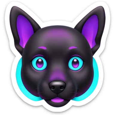 futuristic glowing black dog emoji, neon cyan eyes, purple #8B5CF6 highlights, tech minimal style, dark background sticker