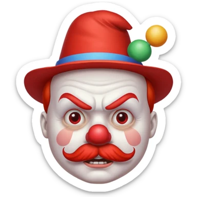Angry clown — furrowed brow, mustache, tiny hat. sticker