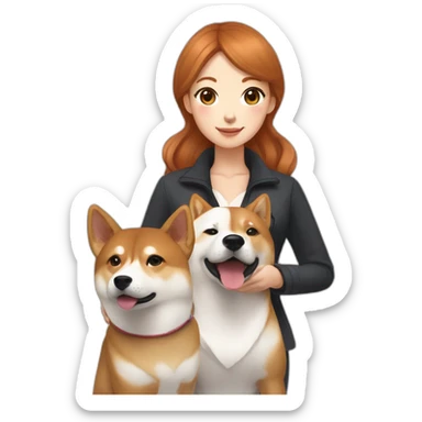 A pretty Shiba and a large white Hokkaido accompanied by their mistress, a woman with curly auburn hair. sticker