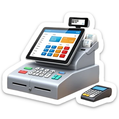 Modern shop cash register on a retail counter, ultra-realistic, 4K, photorealistic POS touchscreen, receipt printing, barcode scanner and card terminal, soft indoor lighting, realistic reflections and shadows, sharp focus, cinematic depth of field, professional photography. sticker