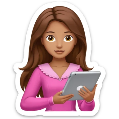 woman with brown long hair and pink costume with tablet sticker