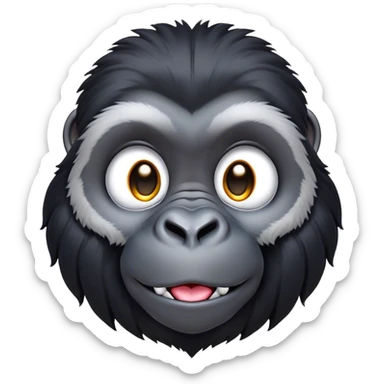 Cinematic Cute mountain Gorilla Portrait Emoji, Head tilted playfully and inquisitively, with a robust build accented by a striking black and grey mane and round, sparkling eyes full of gentle charm, Simplified yet irresistibly adorable features, highly detailed, glowing with a warm, friendly jungle glow, high shine, affectionate and lively, stylized with a touch of endearing primate whimsy, soft glowing outline, capturing the essence of a mischievous yet loving mountain that feels like it could lumber out of the screen into your arms! sticker