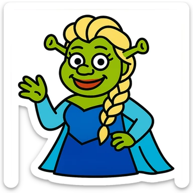 whimsical and fun character combining Elsa and Shrek as a single character sticker