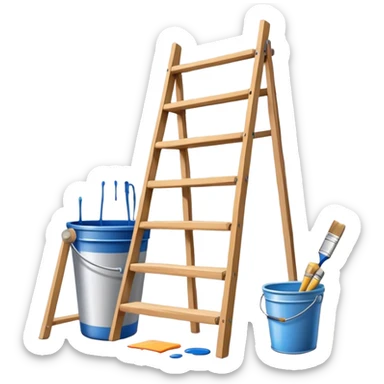 Create an icon that represents the hobby of wall painting. The design should feature a wall with a beautiful, frameless painting in progress. Include a paint bucket with brushes and rollers, as well as a wooden ladder, symbolizing the process of creating the artwork. The wall should have visible brush strokes, indicating the work in progress. The composition should be harmonious and balanced, reflecting both the artistic and practical aspects of wall painting. The background should be transparent. sticker