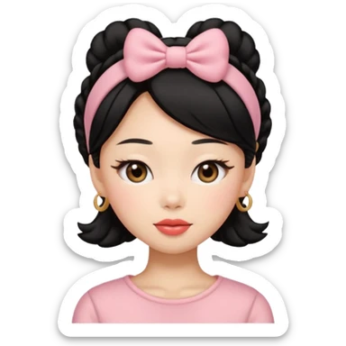 “Cartoon emoji of Jennie kim, heart-shaped face, almond upturned eyes, defined jawline, soft blush, chic expression sticker