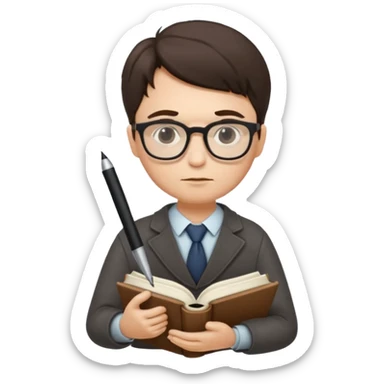 writer holding big pen in hand and closed book in other hand, wearing glasses sticker