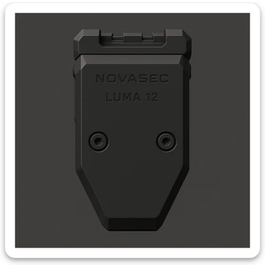 3D-rendered orthographic back view of the NOVASEC LUMA 12 underbarrel firearm attachment: compact, single-piece black matte module, elongated rectangular shape with beveled edges, minimal tactical design, subtle NOVASEC branding, dark neutral background, soft lighting, no perspective or tilt, technical reference style sticker