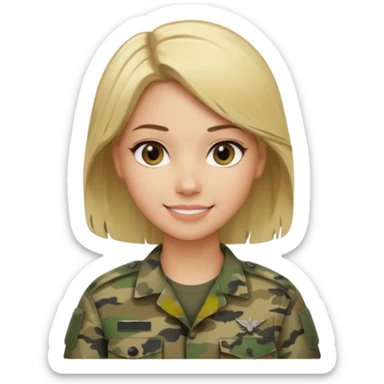 Apple-style emoji: female soldier, bust, no cap/helmet, friendly smile, generic camo top,  black color blonde hair sticker