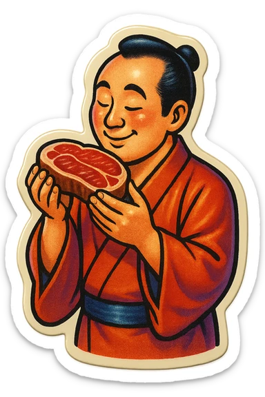 A Japanese man in traditional kimono with a loving look holds a steak in his hands, preparing to eat it sticker