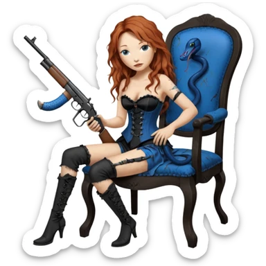 realistic cinematic Tori Amos sits on a rocking chair in a torn corset, holding an antique rifle and her bare feet are muddy. A blue snake is wrapped around the chair. sticker