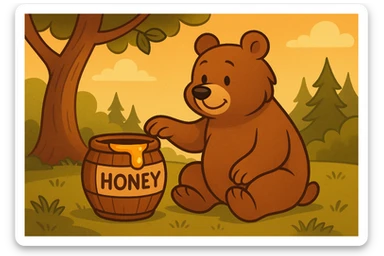 Create a second version of the cartoon bear and honey barrel scene for a 'spot the three differences' quiz. Make three subtle changes to objects in the scene, such as changing the bear's expression, altering the honey shape, or modifying a background detail. Keep the style, lighting, and layout consistent with the original image, preserving the cartoon style and warm lighting of the original. sticker