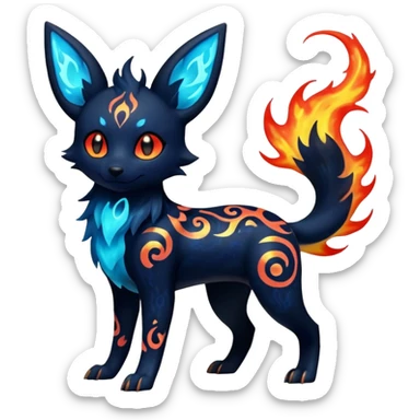 Shiny Fiery Dark Glowing Ethereal Eldritch Cool Edgy Badass Punky Aural Iridescent Fluorescent Bioluminescent Umbreon-Amaura-Salandit-Litten-Flareon-Fakémon-fusion (full body) with intricate pattern markings sticker