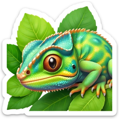 cinematic cute-smiling baby chameleon-realistic emoji,-blending-with-vibrant-greenery.-detailed-scales-in-shifting-colors,-showing-the-chameleon’s-ability-to-camouflage.-soft-natural-light-highlights-its-texture.-nature-background, zoomed into its face sticker