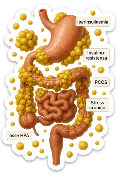 STOMACO E INTESTINO SONO VERTICALMENTE COLLEGATI E INTORNO A QUESTI ORGANI CI SONO CELLULE DI GRASSO GIALLE ATTACCATE SOPRA A GRAPPOLI, intorno fluttuano cellule di grasso giallo e alcune targhette con queste parole "Iperinsulinemia", "insulino-resistenza", "PCOS", "Stress cronico", "asse HPA", IPERREALISTICO 4K sticker