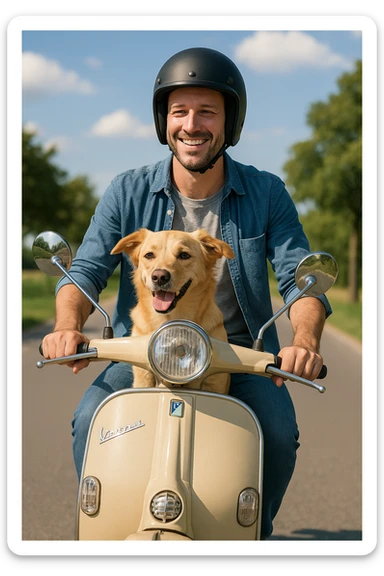 man and his pet dog riding a vespa sticker