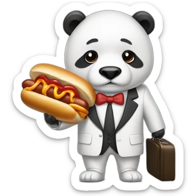 A professor with white suit and red tie and a panda face eating a hotdog and holding a black suitcase sticker