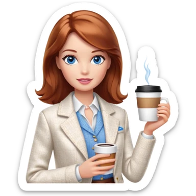 A Barbie girl with blue eyes, shoulder-length reddish-brown hair, made-up, wearing a white tweed jacket and a white skirt, with a glass of coffee in her hands sticker