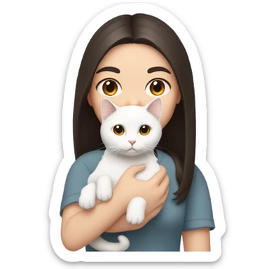A pale girl with dark brown hair and dark brown eyes holds a white cat in her hands sticker