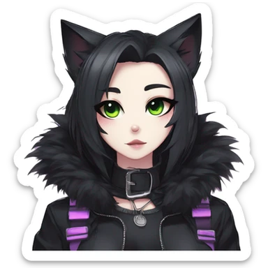 Gorgeous furry gothic dark techwear anime style anthro black cat furry sona Fakemon with blushing face aesthetic and pretty edgy black with collar and harness trending style sticker