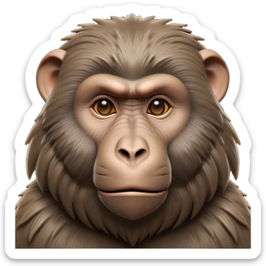 Cinematic Noble Baboon Portrait Emoji, Poised and regal, with a robust, muscular build and a richly textured Fur of earthy browns, deep-set soulful eyes with a mischievous glint, Simplified yet sharp and sophisticated features, highly detailed, glowing with a warm, dignified glow, high shine, intelligent and bold, stylized with an air of untamed urban majesty, focused and attentive, soft glowing outline, capturing the essence of a watchful and confident primate, so majestic it feels as though it could stride out of the screen with effortless authority! sticker