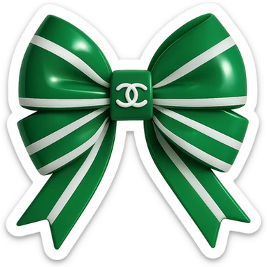 Change the striped bow to green and white stripes, keep the small white Chanel logo visible, make it glossy and in a 3D emoji style. Remove the background. sticker