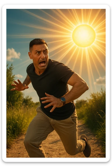 Uomo che corre via dal sole spaventato perchè pensa sia nocivo realistica sticker