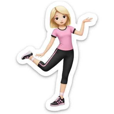 Hiphop dancer, with cute big pants, sneakers, and t-shirt. White girl blond. Coloufull shirt. No pocket pants. Dancing. Pink and black plain outfit. No sweatbands on the wrist, black music box behind her. Ballerina pose. The third on is amazing. With nothing on the shirt sticker