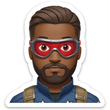 sam wilson with a hair close to the scalp and  a well-groomed beard that connects to his mustache,  wear sleek, red-tinted tactical goggles fit snugly from captain america: civil war sticker
