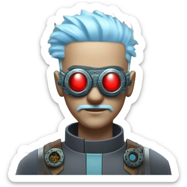  Short light blue haired male cyborg head with light blue beard, red steampunk goggles and circuits sticker