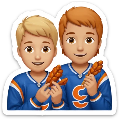 Human eating a chicken wing while watching hockey wearing a jacket with his friend smiling beside him. sticker