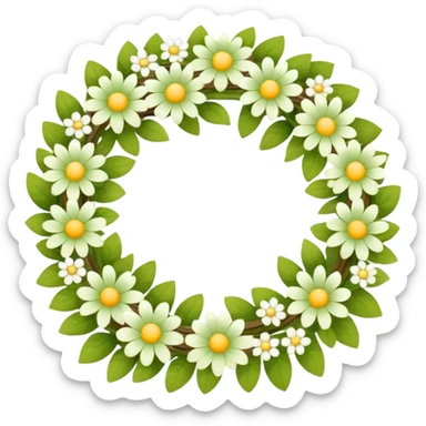 flower wreath with mostly yellow, white and green pastel colors, in a shape of an egg. flowers are original sticker