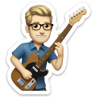 A nerdy white guy with glasses with short brown hair with a small quiff playing a blue classic telescaster with a light maple neck sticker