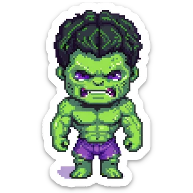 chibi version of Hulk from Marvel, exaggerated head, green skin, purple shorts sticker