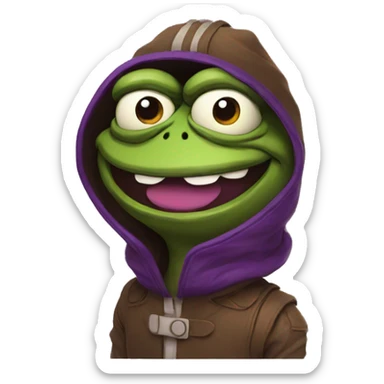 Pepe with a smile in brown and purple tones, stylish, brutal in a komonaut costume sticker