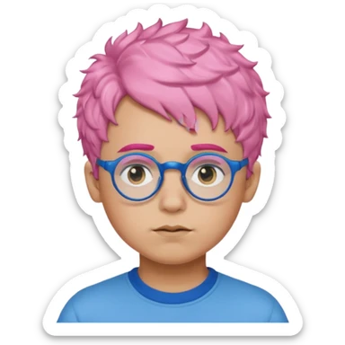 boy with short, curly pink hair, matching blue eyebrows, light brown skin, round black glasses, and a neutral facial expression. sticker