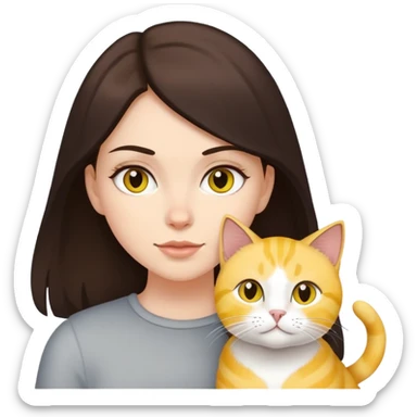 white girl wirh dark brown hair with 2 yellow cats and one light grey cat sticker