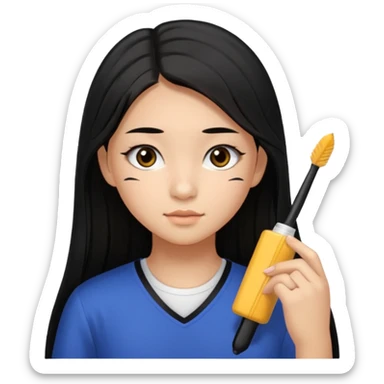 a tan chinese-american 15 year old girl with middle part long straight black hair down to her chest. mascara  sticker