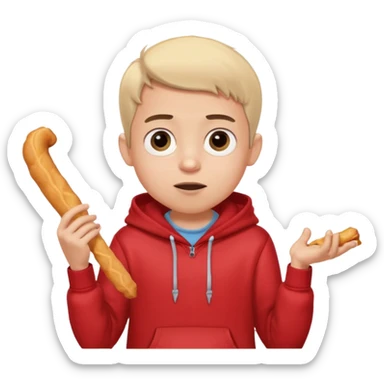 ute funny Spanish cartoon boy named Peque Tito, red hoodie, denim shorts, big expressive eyes, holding a churro, Pixar-style, viral character.” sticker