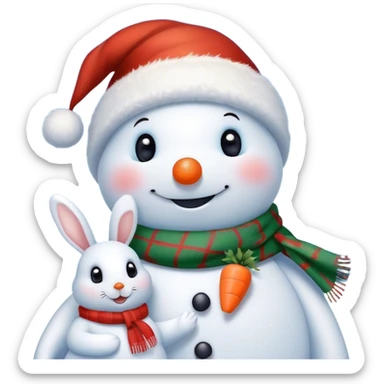 The detailed digital illustration shows a snowman in a Christmas hat and scarf. The snowman is depicted in close-up. Next to it is a cute bunny who wants to depict a snowman and holds a carrot with his paws at the level of his nose, thereby demonstrating to the snowman that his nose looks like a snowman's nose. The snowman is joyful, looks lovingly at the mischievous bunny. Snowflakes are falling from the sky, the whole scene should have a soft and cozy winter aesthetic. The style of this illustration is the same as that of the famous artist Evgenia Gapchinskaya. sticker