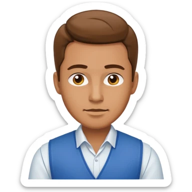 a man with a white shirt and a blue. vest sticker