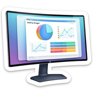 Create an emoji for 3D visualization and modeling. Show a large curved monitor with a 3D modeling program interface on the screen. Use modern, professional colors. Do not include any emojis or smiley faces. Make the background transparent. sticker