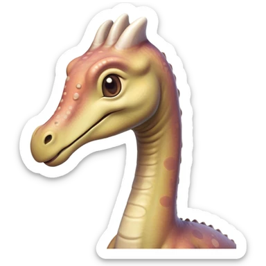 Cinematic Cute Brachiosaurus Portrait Emoji, Head tilted playfully with a warm, endearing smile, featuring a diminutive, almost whimsical head atop an impressively long neck and a sturdy, gentle body, adorned in soft, pastel earthy hues, Simplified yet irresistibly adorable features, highly detailed, glowing with a tender, inviting glow, high shine, affectionate and lively, stylized with a touch of prehistoric whimsy, soft glowing outline, capturing the essence of a playful Brachiosaurus that seems as if it could amble out of the screen into your arms! sticker