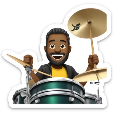Imagine a Brazilian drummer with tied hair and a beard, laughing and celebrating while playing drums in a live broadcast. The logo "GG Lukas Drummer" should appear in the background of the image. sticker