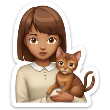 a girl with short brown hair and bangs holding an Abyssinian cat sticker