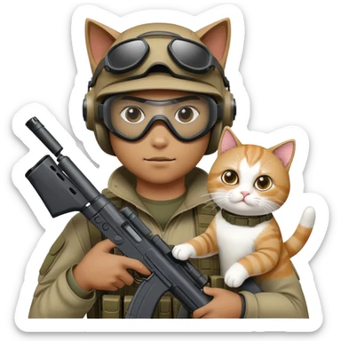 Man in tactical airsoft gear wearing protective goggles on face, holding a gun in one hand and a white and brown cat in the other hand sticker